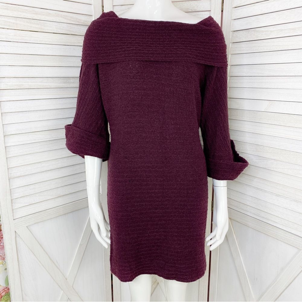 Zara Bell Sleeve Sweater Tunic Dress Plum Purple Medium Open Neck